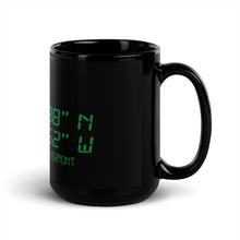 Load image into Gallery viewer, Mount Mansfield Vermont Geographic Coordinates Black Glossy Mug - 42° 32’ 38” N 72° 48’ 52” W
